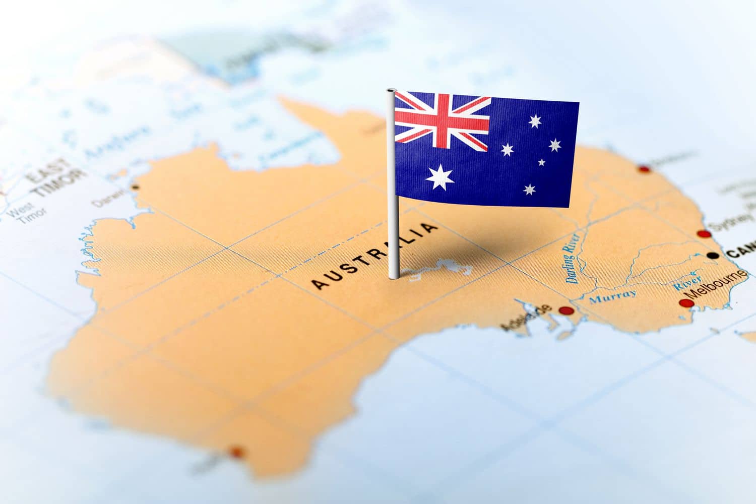 Map of Australia with Australian flag pinned in the centre